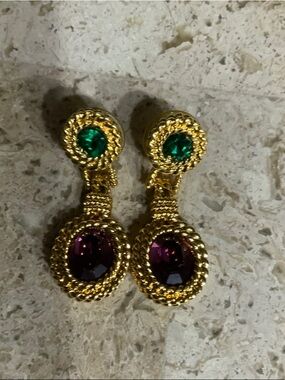 Gold-Tone Drop Earrings with Green and Purple Stones
